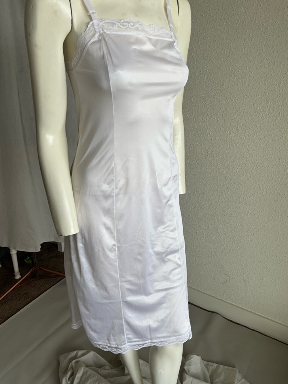 White Nylon Slip Dress Lace Trim Vintage Romantic S